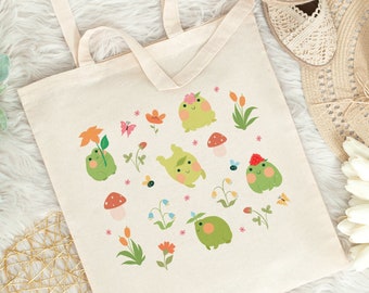 Cute Frog Tote Bag Cottagecore Bag Goblincore Bag Mushroom Tote Bag Aesthetic Trendy Tote Bag Reusable Bag Forestcore Bag Kawaii Market Bag