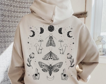 Celestial Moth Hoodie Mushroom Hoodie Cottagecore Hoodie Fairycore Aesthetic Dark Academia Clothes Cottage Core Clothing Moon Phase Hoodie