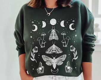 Magical Moth Sweatshirt Cottagecore Clothes Goblincore Clothing Dark Academia Clothing Mushroom Moon Phases Moth Sweater Mystical Crewneck