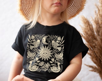 Toddler Sun and Moon Shirt Kids Cottagecore Shrit Celestial T Shirt Dark Cottagecore Clothing Boho Top Cottage Core Aesthetic Bird Shirt