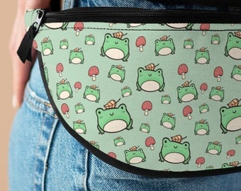 Kawaii Frog and Mushroom Fanny Pack Cottagecore Accessories Zippered Pouch Bag Waist Pack Hip Belt Pack Goblincore Forestcore Aesthetic