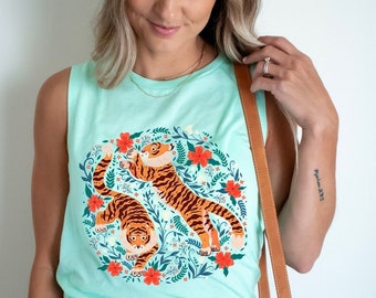 Camiseta sin mangas con estampado de tigre, camiseta con estampado de tigre, ropa Cottage Core, ropa Cottagecore, camiseta sin mangas botánica, regalo para amantes de los tigres, camiseta de arte popular