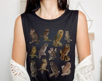 May include: Black sleeveless tank top featuring a graphic print of various owls in different poses. The owls are depicted in a vintage style with intricate details.