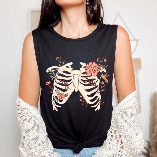 Skeleton Flower Tank Top Dark Cottagecore Clothing Cottage Core Clothes Witchy Muscle Tank Aesthetic Clothes Goth Tank Top Gothic Tank