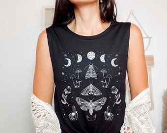 Moth Tank Top Mushroom Muscle Tank Grunge Fairycore Cottagecore Clothing Cottage Core Clothes Dark Academia Aesthetic Clothes Mystical Top