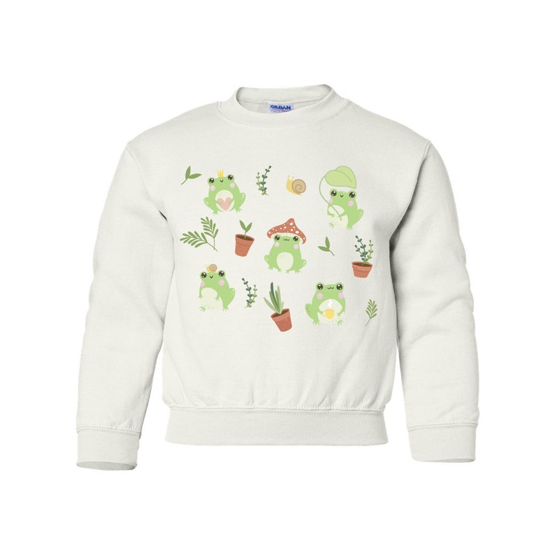 Jugend Netter Frosch Sweatshirt Kawaii Frosch Kinder Pullover Cottagecore Kleidung Cottage Core Kleidung Ästhetische Rundhalsausschnitt Pilz Top Mori Mädchen White