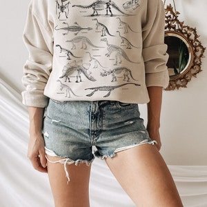 May include: A beige sweatshirt with a graphic print of dinosaur skeletons. The sweatshirt has a crew neck and long sleeves.