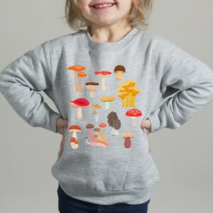 May include: A gray sweatshirt with a colorful mushroom print. The mushrooms are of various shapes and sizes, with red, orange, yellow, and brown caps.