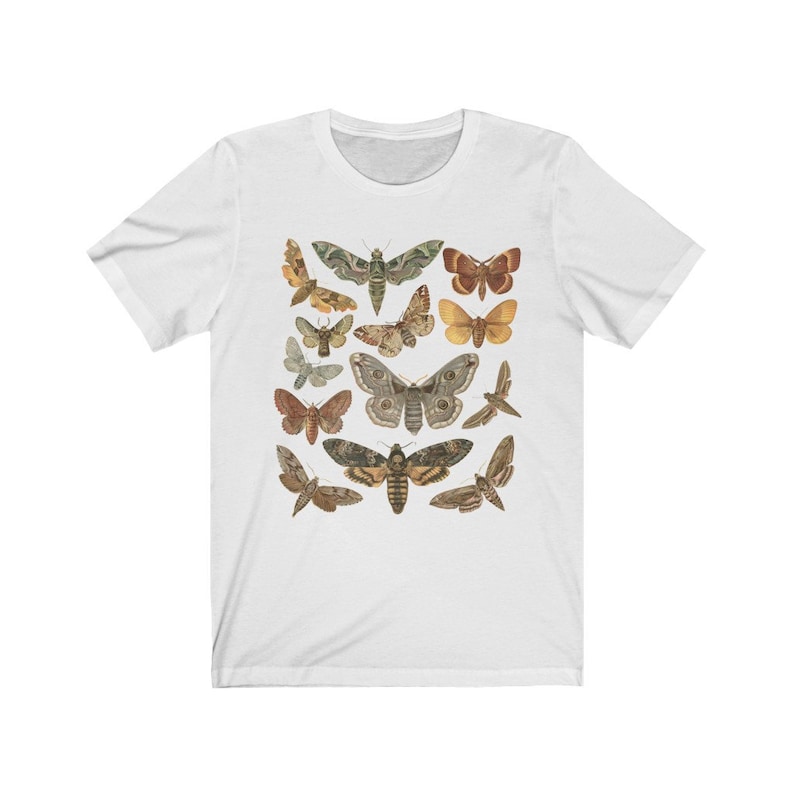 May include: White t-shirt with a vintage illustration of various moths and butterflies in shades of brown, green, and yellow.