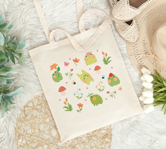 Cute Frog Tote Bag Cottagecore Bag Goblincore Bag Mushroom Tote Bag Aesthetic Trendy Tote Bag Reusable Bag Forestcore Bag Kawaii Market Bag