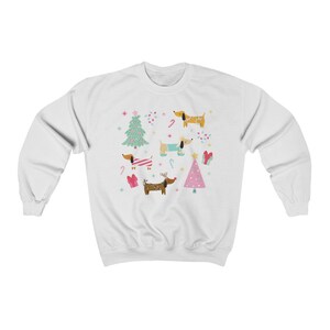 Dachshund Christmas Sweatshirt Holiday Wiener Dog Sweater Weiner Dog Gift Weenie Dog Gifts Sausage Dog Clothes Doxie Crewneck White