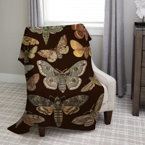 May include: A brown throw blanket with a repeating pattern of colorful butterflies and moths. The blanket is draped over a chair.