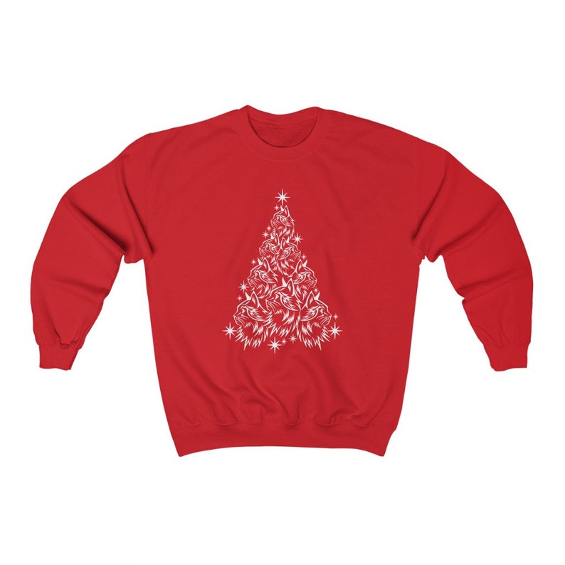 May include: Red sweatshirt with a white Christmas tree design made of cat faces.