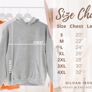 May include: Size chart for a gray hooded sweatshirt with a pocket. The chart shows chest and length measurements in inches for sizes S through 4XL. The text "GILDAN 18500 HEAVY BLEND HOODIE" is at the bottom of the chart.