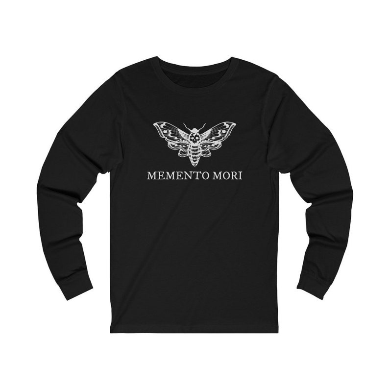 May include: Black long-sleeved t-shirt with a white graphic of a moth and the text "MEMENTO MORI".