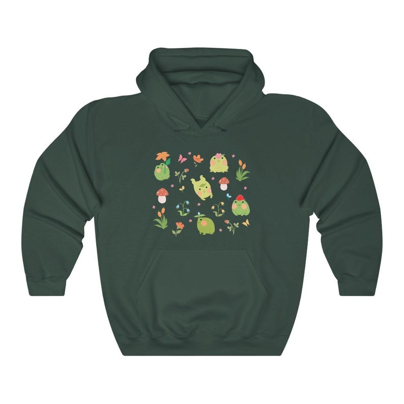 May include: A dark green hooded sweatshirt with a pattern of green frogs, flowers, and mushrooms. The frogs are wearing hats and some are holding flowers.