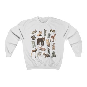 May include: White sweatshirt featuring a colourful print of various woodland animals, including a bear, fox, deer, rabbit, squirrel and owl.