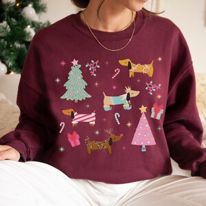 Dachshund Christmas Sweatshirt Holiday Wiener Dog Sweater Weiner Dog Gift Weenie Dog Gifts Sausage Dog Clothes Doxie Crewneck Maroon
