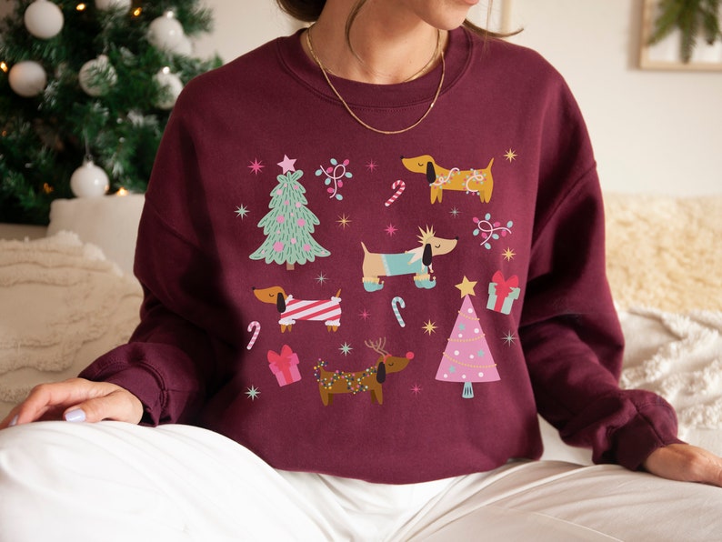 Dachshund Christmas Sweatshirt Holiday Wiener Dog Sweater Weiner Dog Gift Weenie Dog Gifts Sausage Dog Clothes Doxie Crewneck Maroon