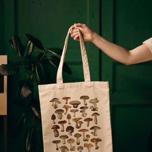 May include: A white canvas tote bag with a design of various mushrooms in different colors and sizes. The bag has two long handles.