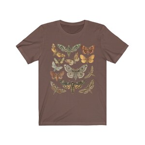 May include: A brown t-shirt with a vintage illustration of various moths and butterflies in shades of brown, green, yellow, and orange.