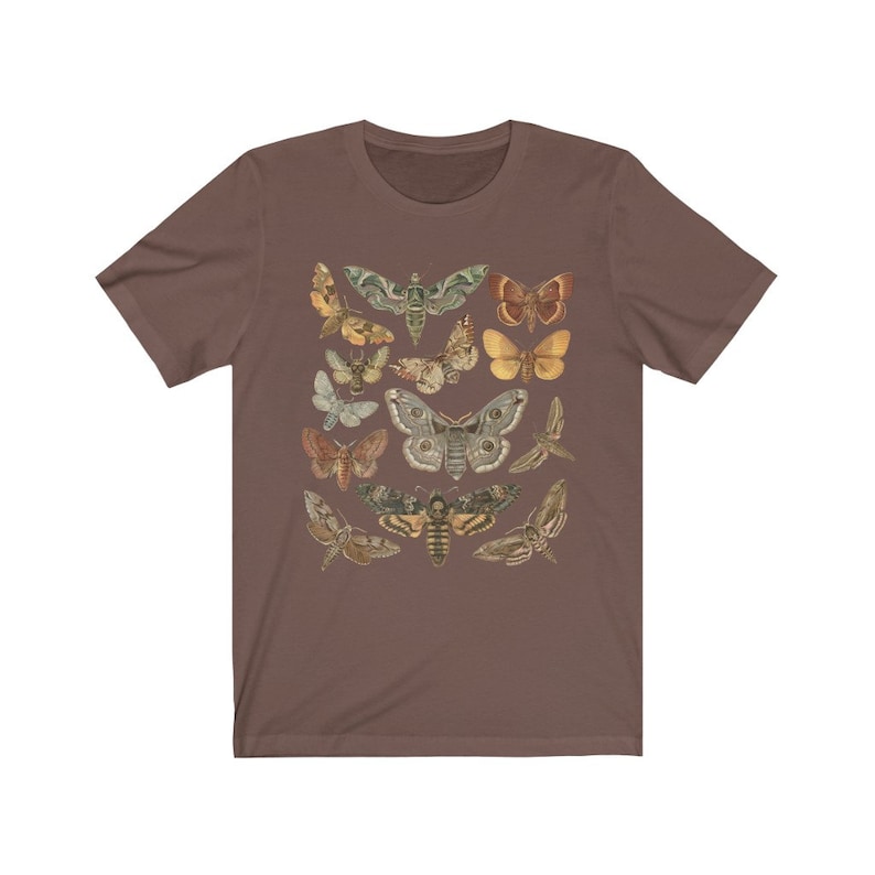 May include: A brown t-shirt with a vintage illustration of various moths and butterflies in shades of brown, green, yellow, and orange.