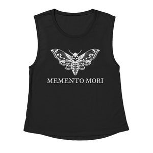 May include: Black sleeveless muscle tank top with a white graphic of a moth with a skull design and the text "MEMENTO MORI" underneath.