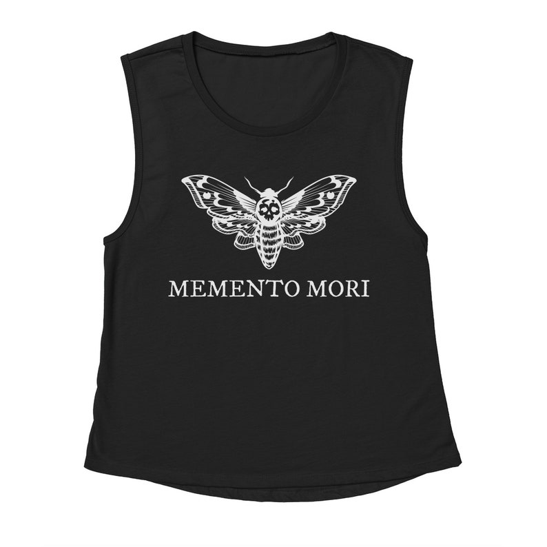May include: Black sleeveless muscle tank top with a white graphic of a moth with a skull design and the text "MEMENTO MORI" underneath.