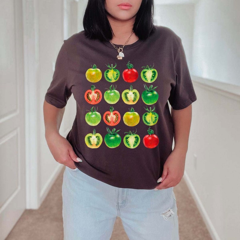 Tomatenshirt T-shirt met groentenprint Cottagecore-kleding Cottage Core-kleding Farmcore-shirt Tuinierencadeau Foodie-shirt Tuin-T-shirt Brown