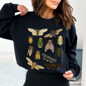 May include: Black sweatshirt with a graphic print of various insects, including beetles, butterflies, and moths.