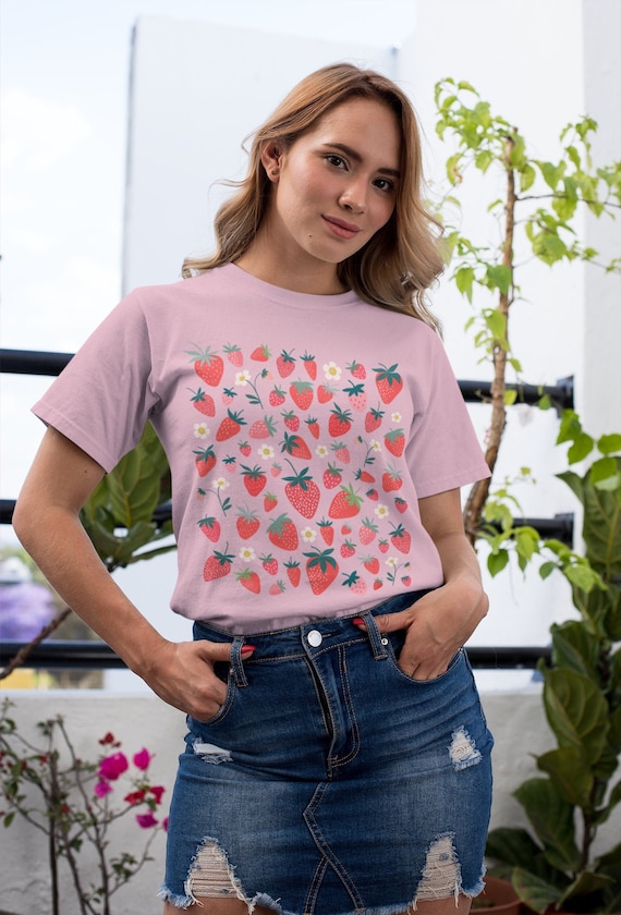 Strawberry Shirt Strawberry Print Cottagecore Clothing Mori Kei Mori Girl Y2K Clothing Botanical Shirt Forestcore Clothing Aesthetic Shirt