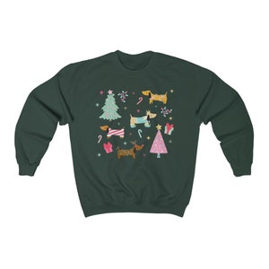 Dachshund Christmas Sweatshirt Holiday Wiener Dog Sweater Weiner Dog Gift Weenie Dog Gifts Sausage Dog Clothes Doxie Crewneck Forest Green