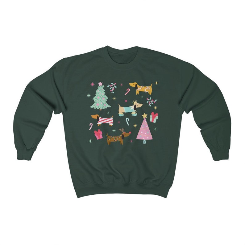 Dachshund Christmas Sweatshirt Holiday Wiener Dog Sweater Weiner Dog Gift Weenie Dog Gifts Sausage Dog Clothes Doxie Crewneck Forest Green