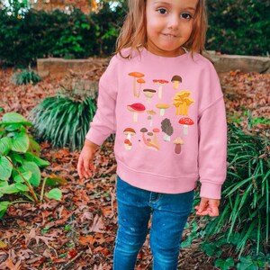 May include: A young child wearing a pink sweatshirt with a mushroom print. The sweatshirt has a crew neck and long sleeves. The child is wearing blue jeans and white sneakers. The child is standing in a garden with fallen leaves.