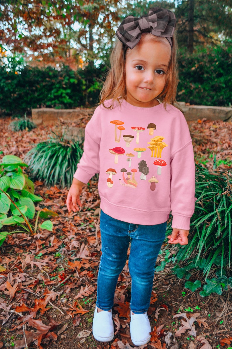 May include: A young child wearing a pink sweatshirt with a mushroom print. The sweatshirt has a crew neck and long sleeves. The child is wearing blue jeans and white sneakers. The child is standing in a garden with fallen leaves.