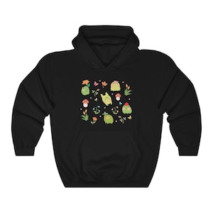 May include: Black hooded sweatshirt with a colorful pattern of frogs, flowers, and mushrooms.