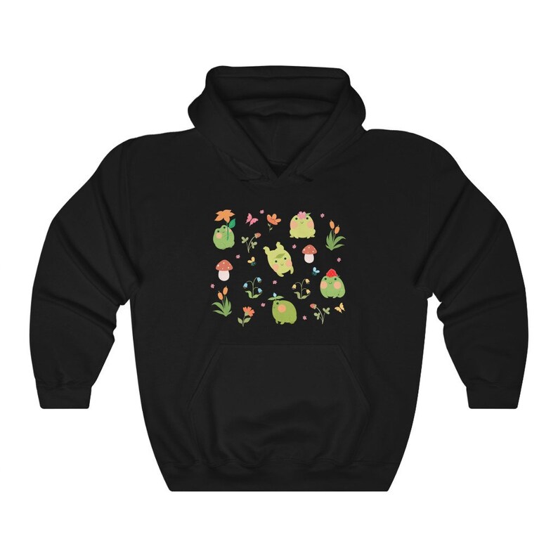 May include: Black hooded sweatshirt with a colorful pattern of frogs, flowers, and mushrooms.