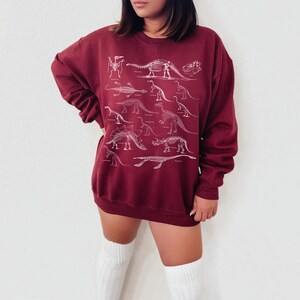 May include: A maroon sweatshirt with a white print of dinosaur skeletons. The sweatshirt has a crew neck and long sleeves.