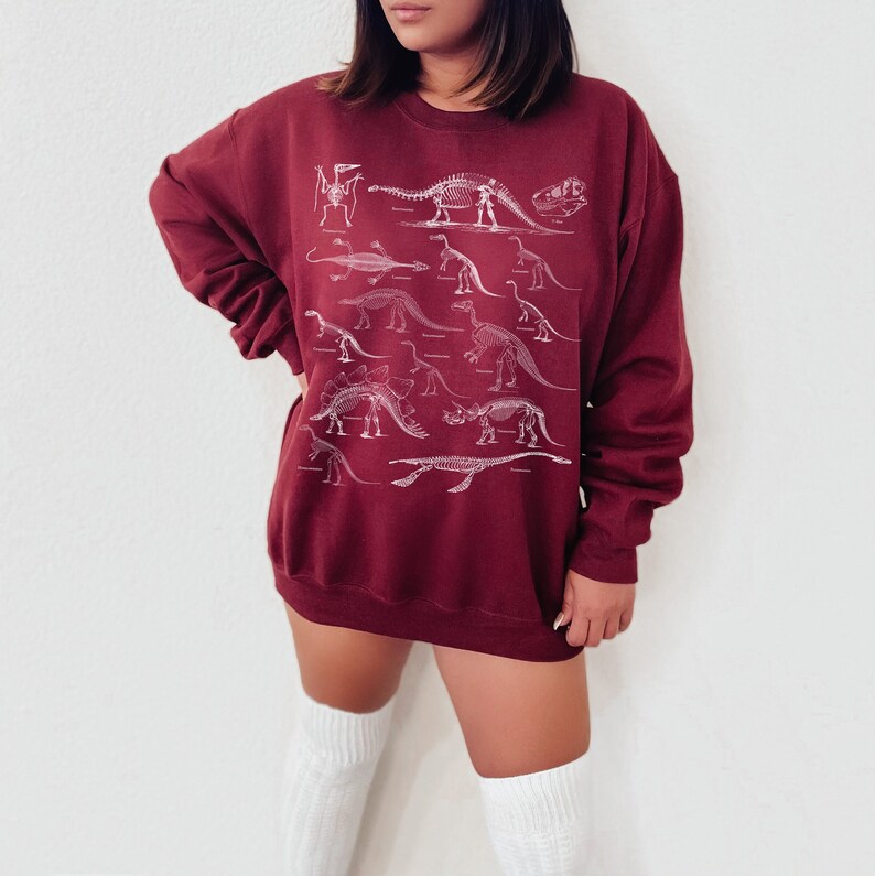 May include: A maroon sweatshirt with a white print of dinosaur skeletons. The sweatshirt has a crew neck and long sleeves.
