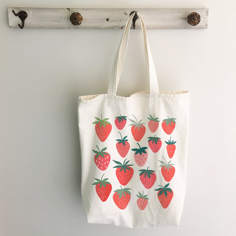 Cute Strawberry Print Tote Bag Cotton Grocery Bag Reusable - Etsy
