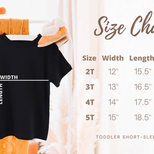 May include: Size chart for toddler short-sleeve tees. The chart shows sizes 2T through 5T with corresponding width, length, and weight in inches and pounds.