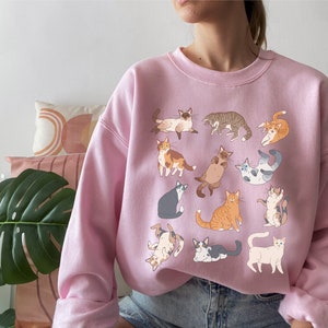 May include: A pink sweatshirt with a graphic print of various cats in different poses. The cats are all in shades of brown, white, gray, and black.