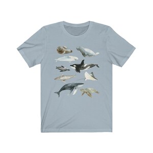 K&ouml;nnte beinhalten: Ein hellblaues T-Shirt mit einer Aquarell-Illustration verschiedener Meerestiere, darunter ein Wal, ein Delfin, eine Meeresschildkr&ouml;te, ein Seekuh, eine Robbe und ein Rochen.