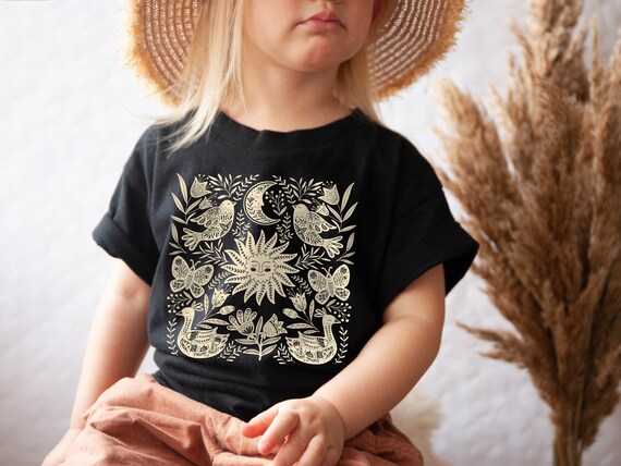 Toddler Sun and Moon Shirt Kids Cottagecore Shrit Celestial T Shirt Dark Cottagecore Clothing Boho Top Cottage Core Aesthetic Bird Shirt