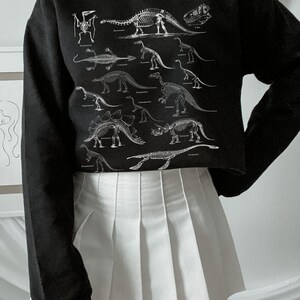 May include: Black cropped sweatshirt with a white print of dinosaur skeletons. The sweatshirt is paired with a white pleated skirt.