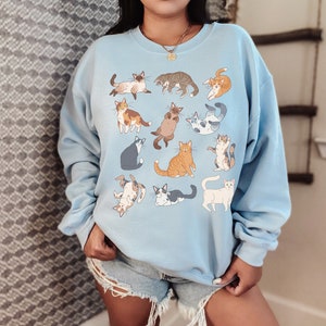 May include: A light blue sweatshirt with a graphic print of 12 cats in various poses. The cats are all different colors and have different patterns.