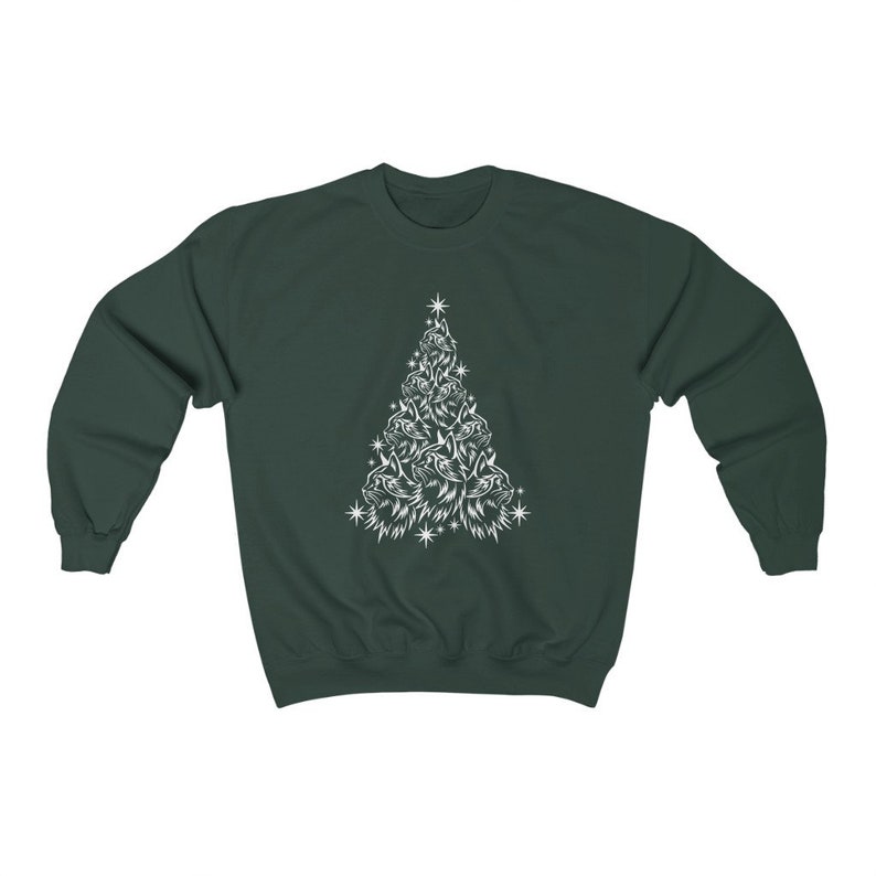 May include: A dark green sweatshirt featuring a white outline of a Christmas tree made from cat faces.