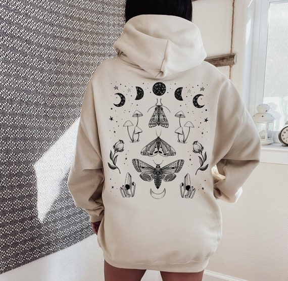 Celestial Moth Hoodie Mushroom Hoodie Cottagecore Hoodie Fairycore Aesthetic Dark Academia Clothes Cottage Core Clothing Moon Phase Hoodie