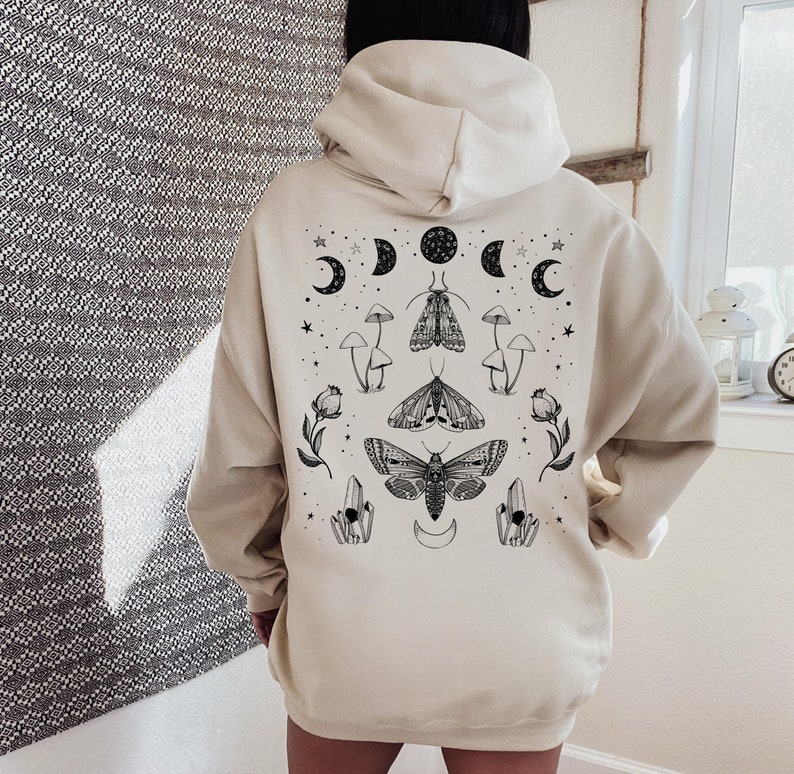 Celestial Moth Hoodie Mushroom Hoodie Cottagecore Hoodie Fairycore Aesthetic Dark Academia Clothes Cottage Core Clothing Moon Phase Hoodie image 1