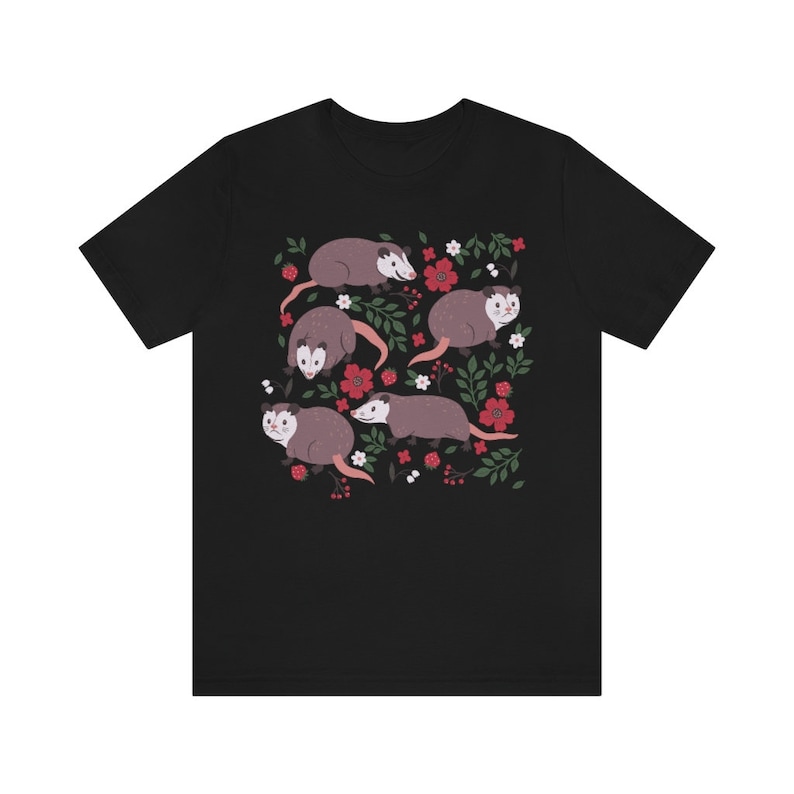 Possum Print Shirt Opossum Shirt Kawaii Possum Gift Possum Gifts Cottagecore Clothing Cottage Core Clothes Strawberry Shirt Wild Animal Black